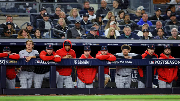 Oct 18, 2022; Bronx, New York, USA; The Cleveland Guardians watch their team play against the New York Yankees during the eighth inning in game five of the ALDS for the 2022 MLB Playoffs at Yankee Stadium. Mandatory Credit: Brad Penner-USA TODAY Sports